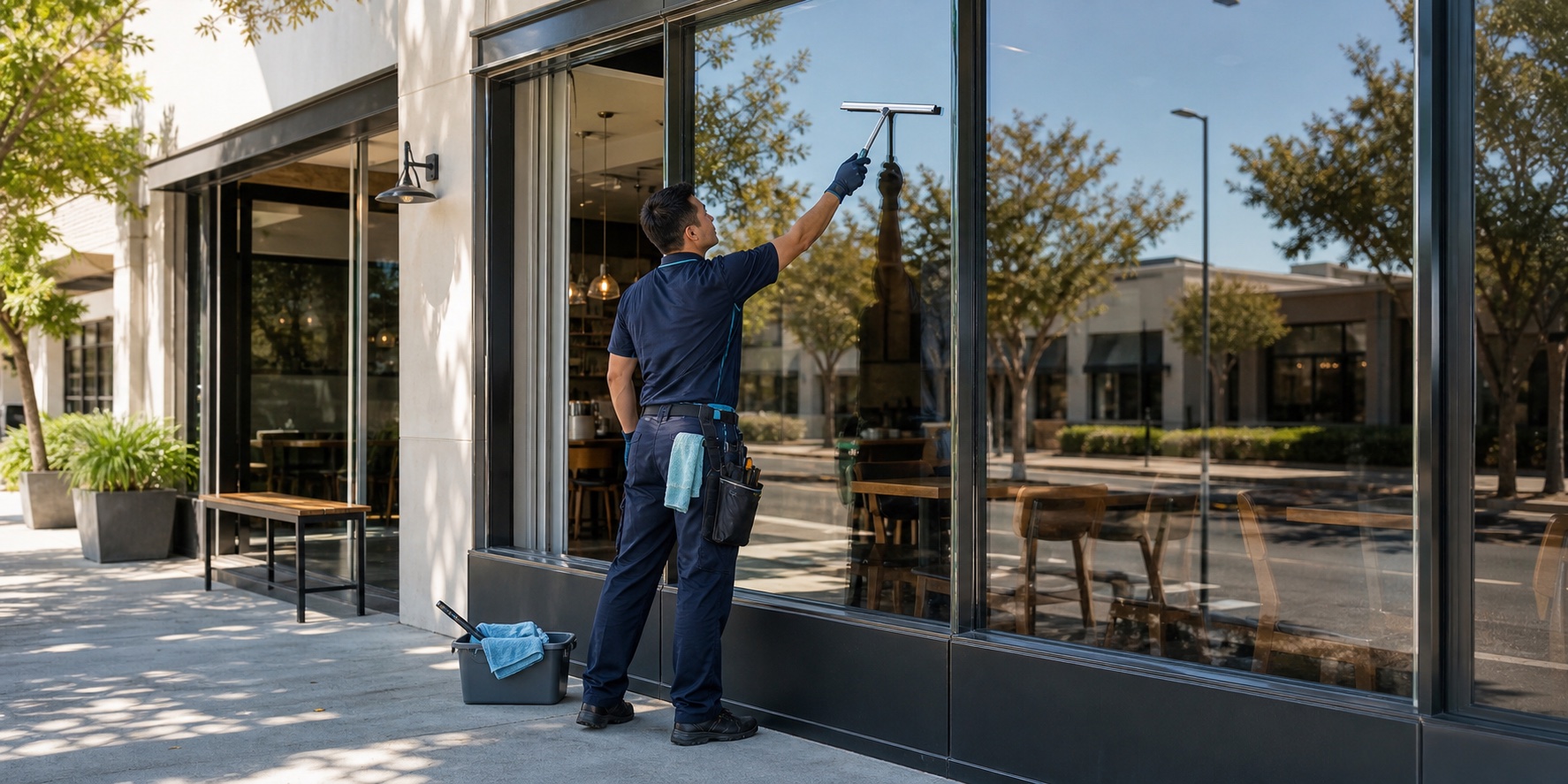Professional window cleaner detailing a Milpitas storefront